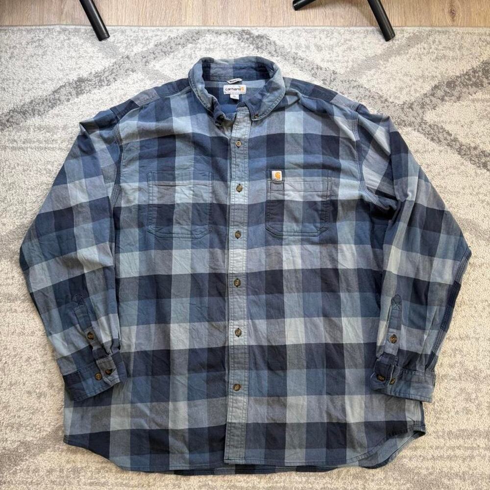 Carhartt blue flannel workwear button down shirt size 2XL relaxed fit (spot)